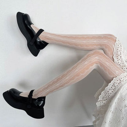 Lace Trim Sheer Tights - White / One SIze