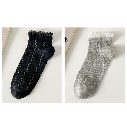 Lace Trim Socks Set - Set Of 2 Pairs - Black & Gray