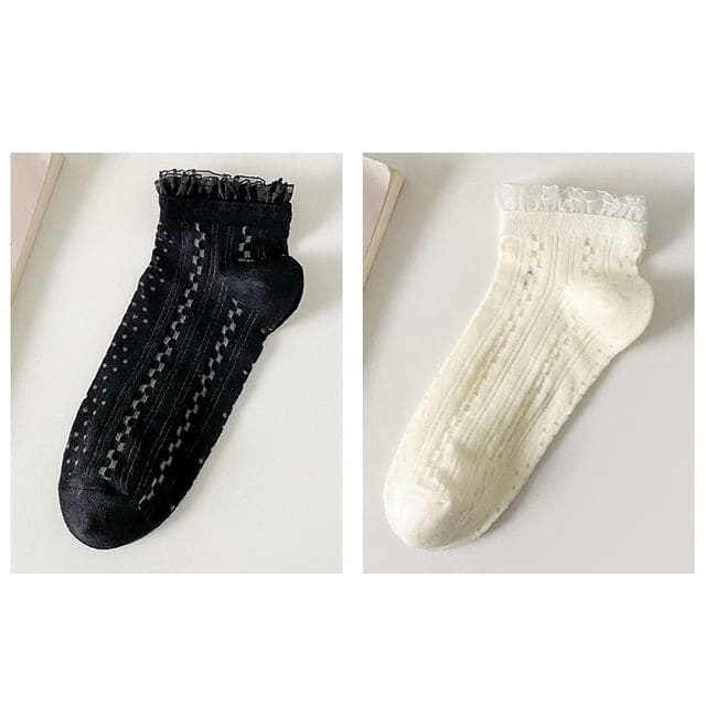 Lace Trim Socks Set - Set Of 2 Pairs - Black & White