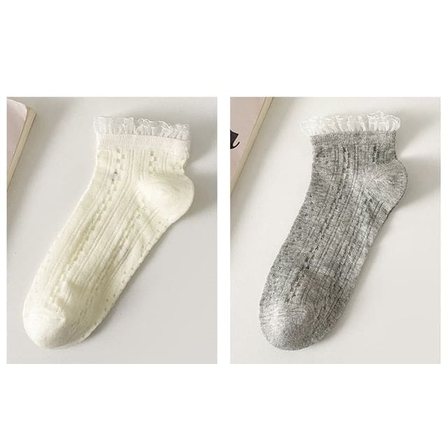 Lace Trim Socks Set - Set Of 2 Pairs - White & Gray