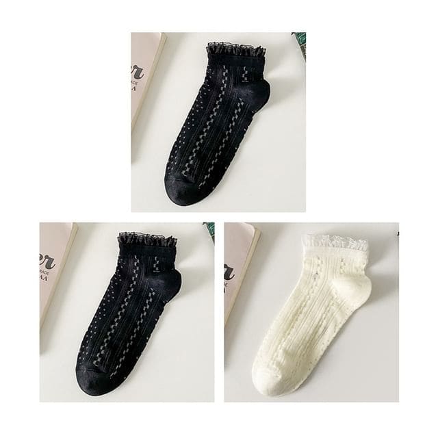 Lace Trim Socks Set - Set Of 3 Pairs - 2 Pairs Black & 1