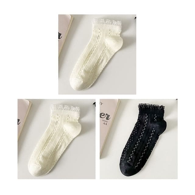 Lace Trim Socks Set - Set Of 3 Pairs - 2 Pairs White & 1