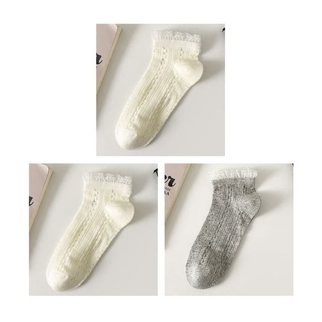 Lace Trim Socks Set - Set Of 3 Pairs - 2 Pairs White & 1