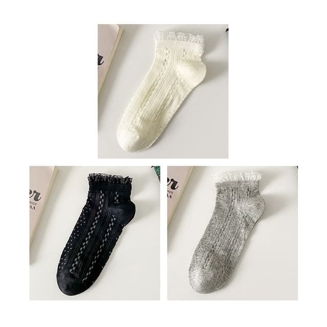 Lace Trim Socks Set - Set Of 3 Pairs - Black & Gray & White