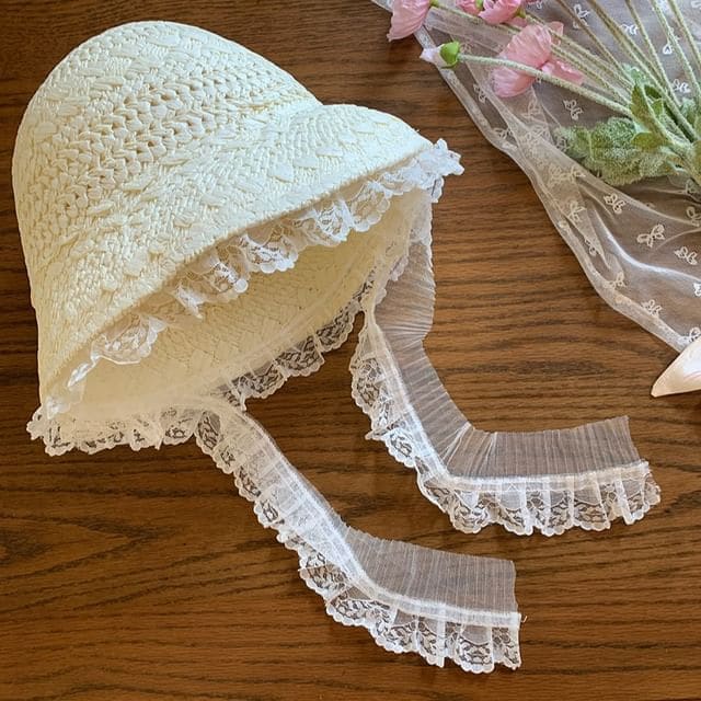 Lace Trim Straw Bucket Hat - Milky White / One Size