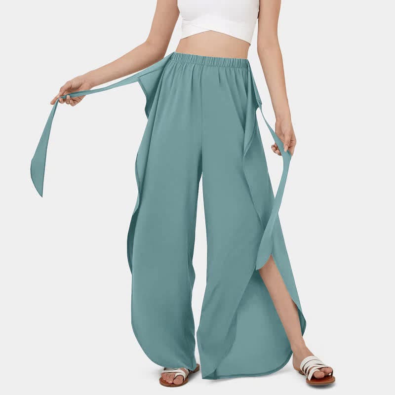 Lace Up Flowy Split Wide Leg Casual Pants