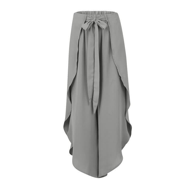 Lace Up Flowy Split Wide Leg Casual Pants - Grey / S