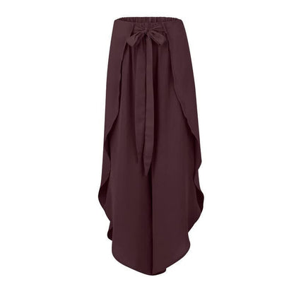 Lace Up Flowy Split Wide Leg Casual Pants - Wine Red / S