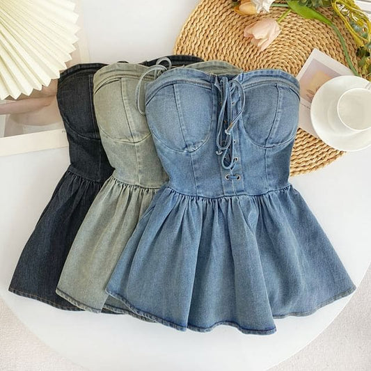 Lace-Up Peplum Denim Bustier Top