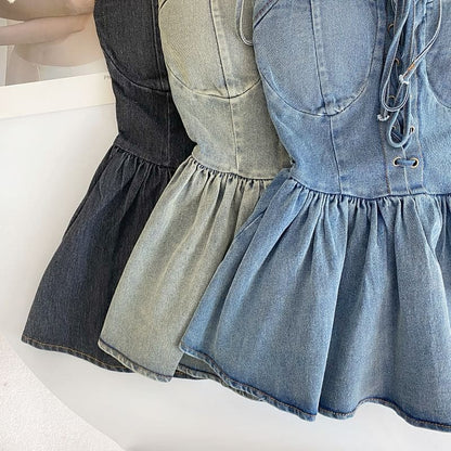 Lace-Up Peplum Denim Bustier Top