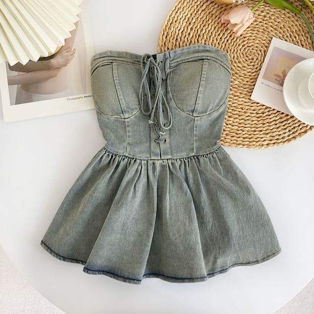 Lace-Up Peplum Denim Bustier Top - Khaki / One Size