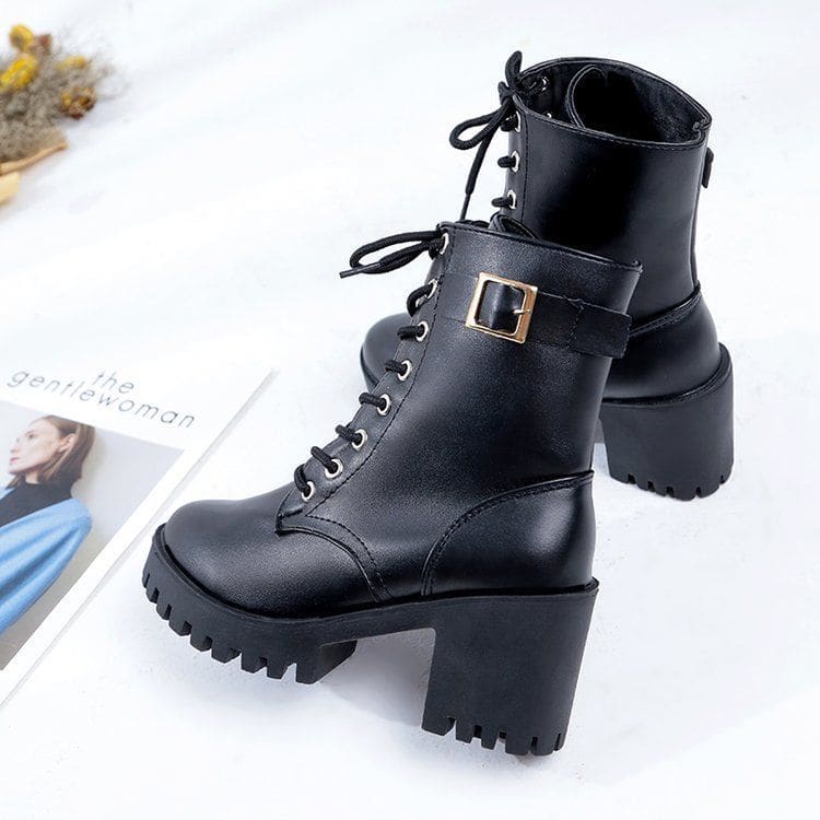 Lace Up Platform Block Heel Short Boots