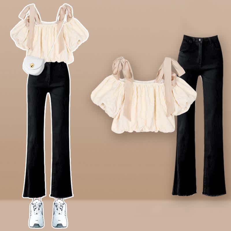 Lace Up Puff Shoulder Crop T-Shirt Denim Pants Skirt - Set