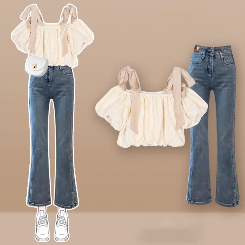 Lace Up Puff Shoulder Crop T-Shirt Denim Pants Skirt - Set