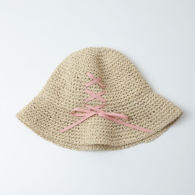 Lace-Up Straw Sun Hat - Beige / One Size