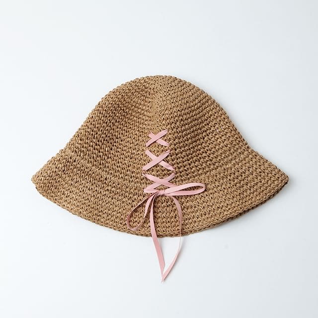 Lace-Up Straw Sun Hat - Coffee / One Size