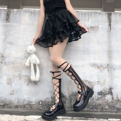 Lace Up Tall Socks - Black / One Size