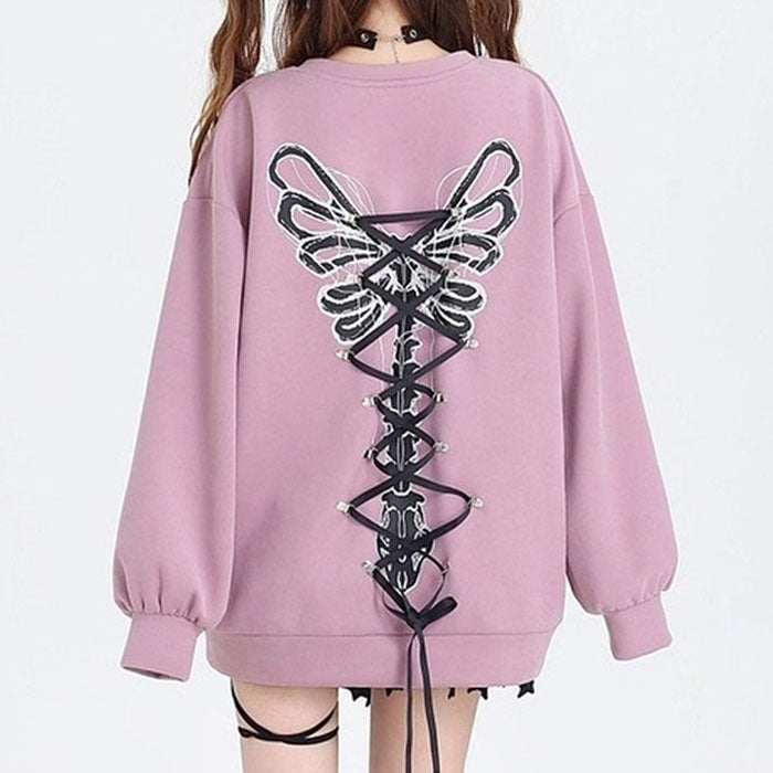 Grunge Lace-Up Skeleton Sweatshirt Butterfly