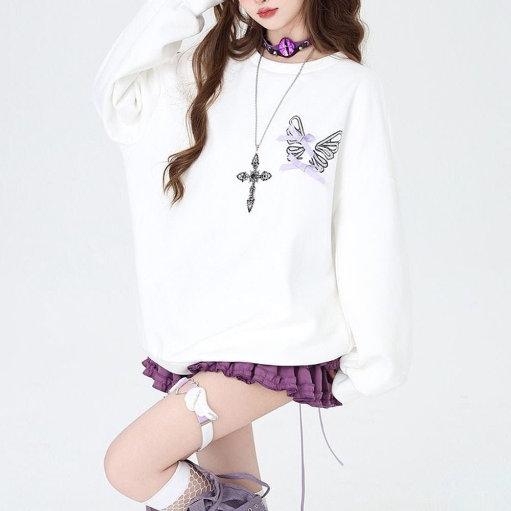 Grunge Lace-Up Skeleton Sweatshirt Butterfly