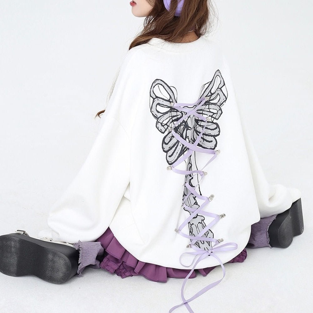 Grunge Lace-Up Skeleton Sweatshirt Butterfly