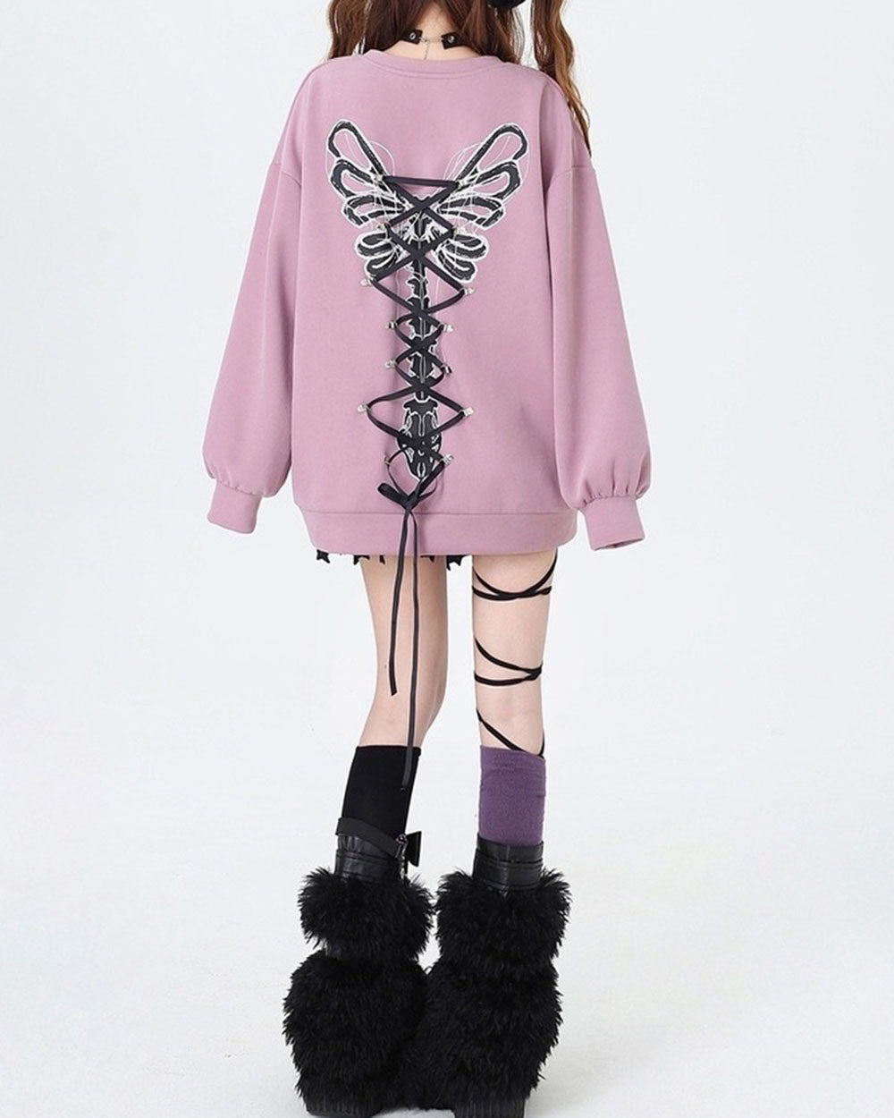 Grunge Lace-Up Skeleton Sweatshirt Butterfly