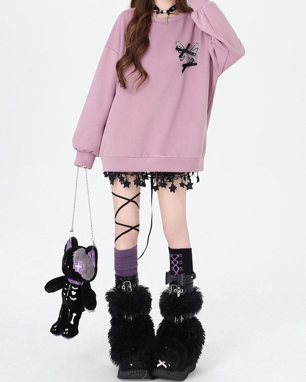 Grunge Lace-Up Skeleton Sweatshirt Butterfly