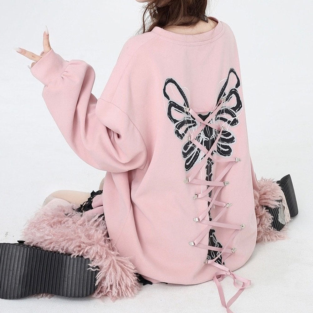 Grunge Lace-Up Skeleton Sweatshirt Butterfly