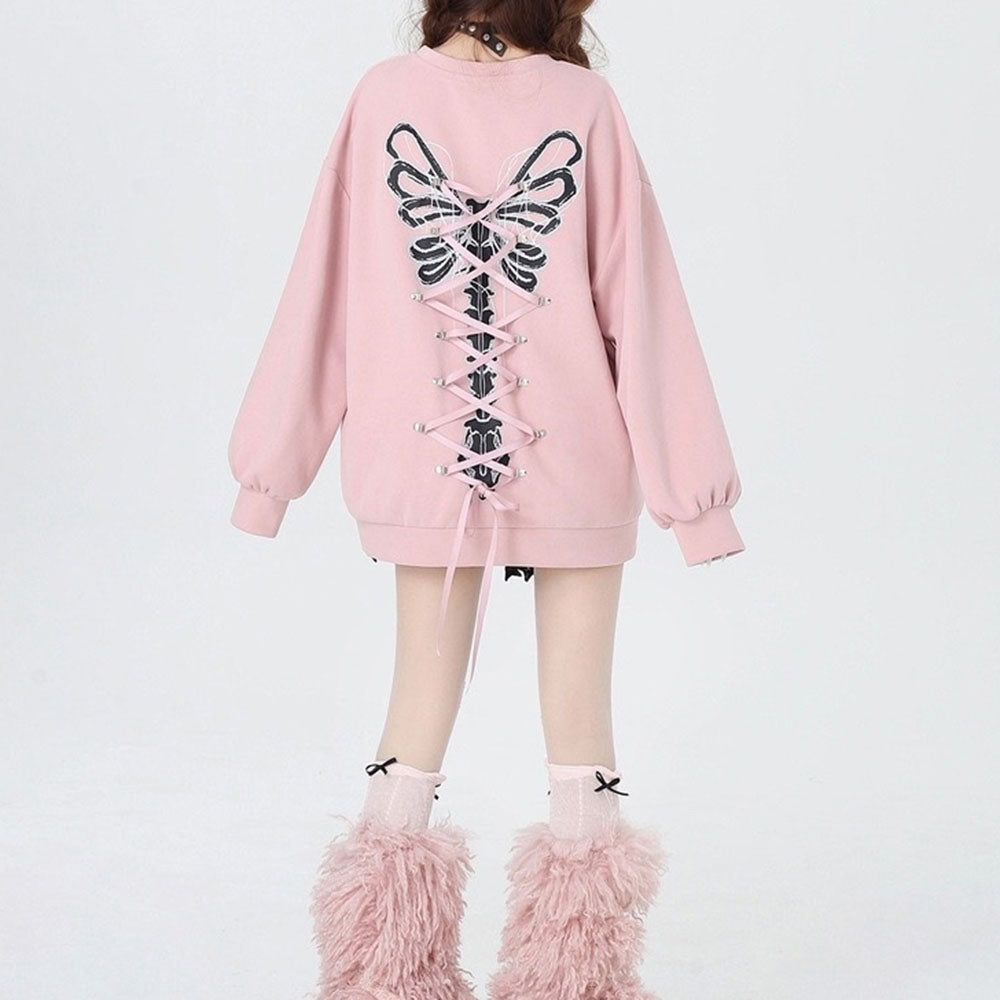 Grunge Lace-Up Skeleton Sweatshirt Butterfly
