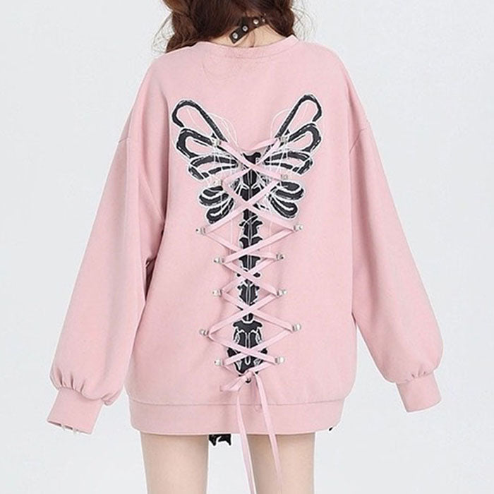 Grunge Lace-Up Skeleton Sweatshirt Butterfly
