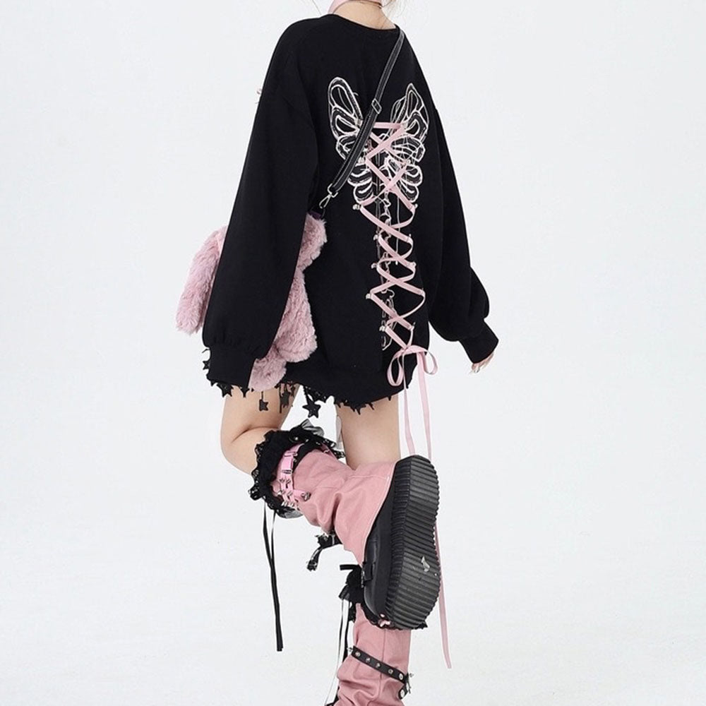 Grunge Lace-Up Skeleton Sweatshirt Butterfly