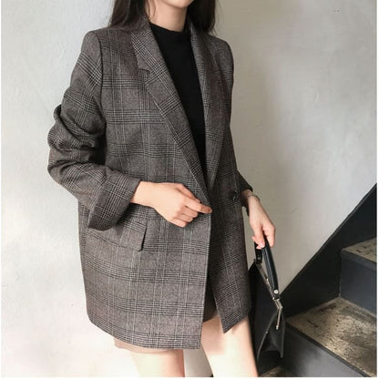 Lapel Collar Plaid Double