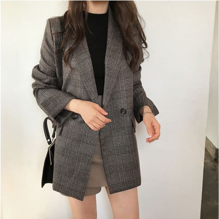 Lapel Collar Plaid Double