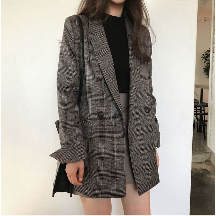 Lapel Collar Plaid Double