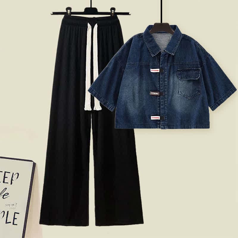 Lapel Denim T-Shirt Drawstring Pants Set - Set / M