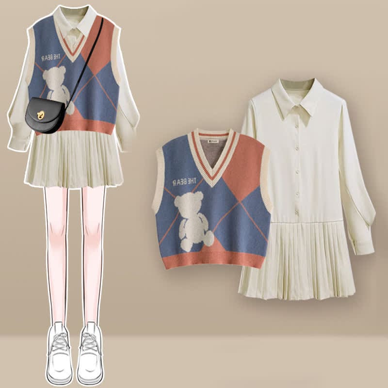 Lapel Pleated Shirt Dress Colorblock Bear Print Vest Set