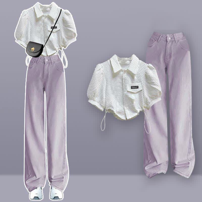 Lapel Puff Seeve Crop T-Shirt Purple Denim Pants Set