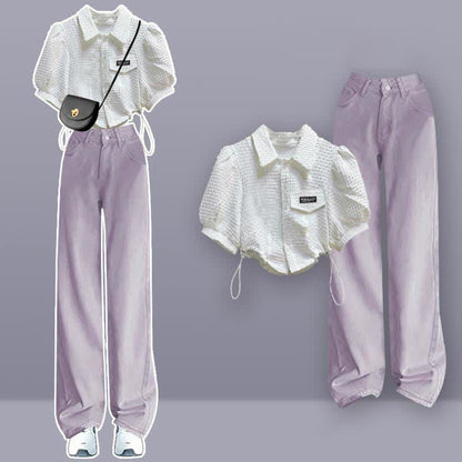 Lapel Puff Seeve Crop T-Shirt Purple Denim Pants Set