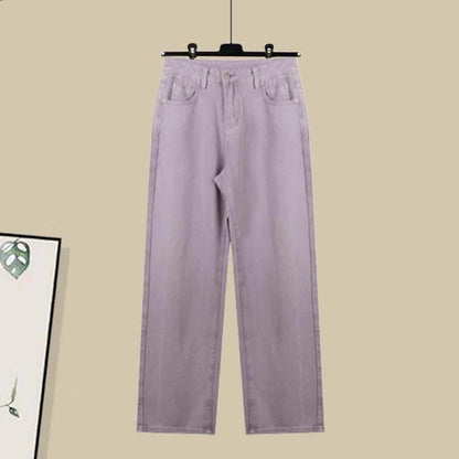 Lapel Puff Seeve Crop T-Shirt Purple Denim Pants Set