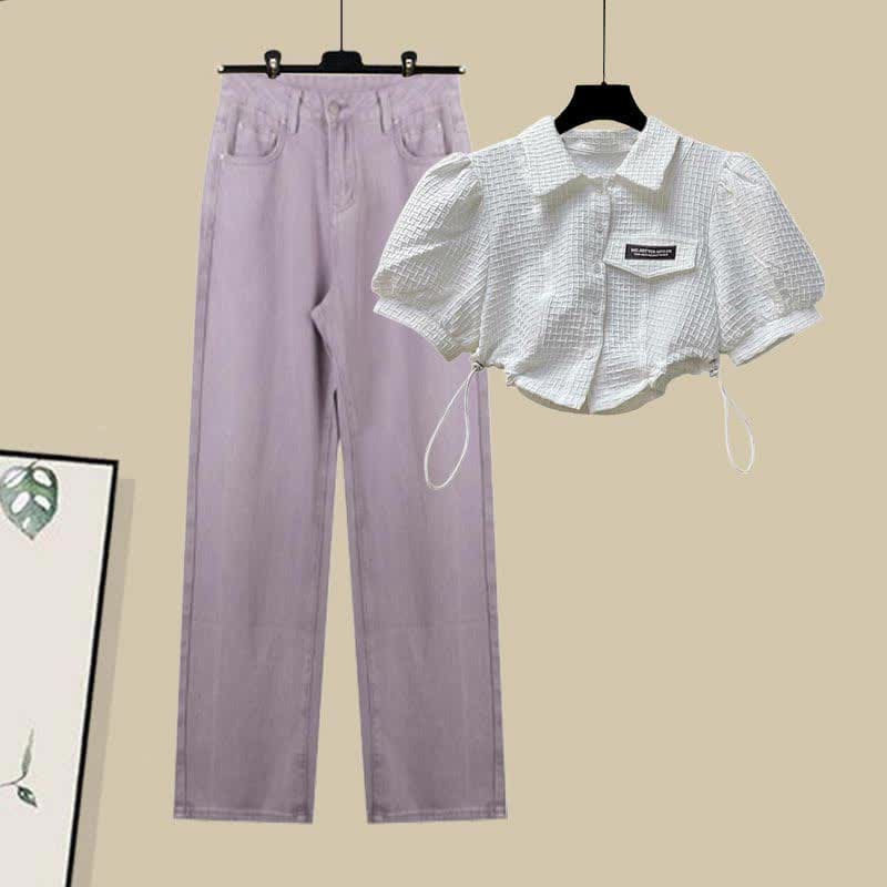 Lapel Puff Seeve Crop T-Shirt Purple Denim Pants Set - Set