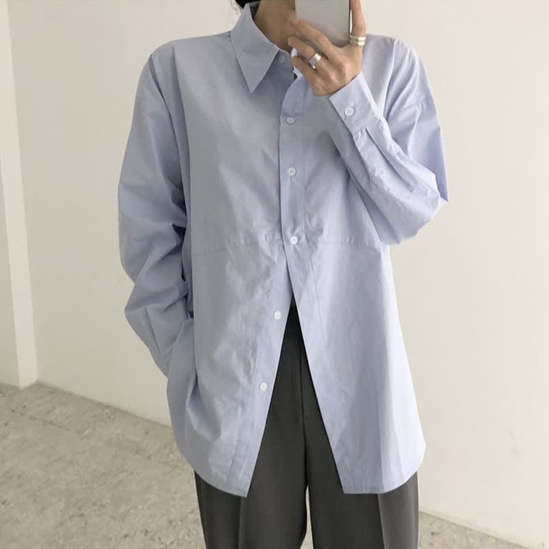 Lapel Pure Color Long Sleeve Loose Shirt Workwear