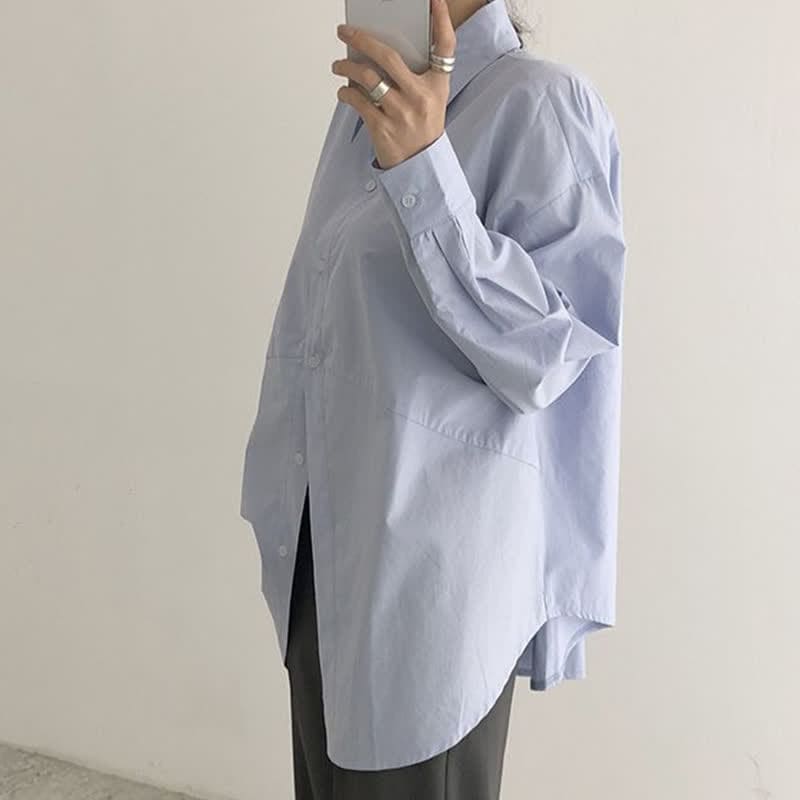 Lapel Pure Color Long Sleeve Loose Shirt Workwear