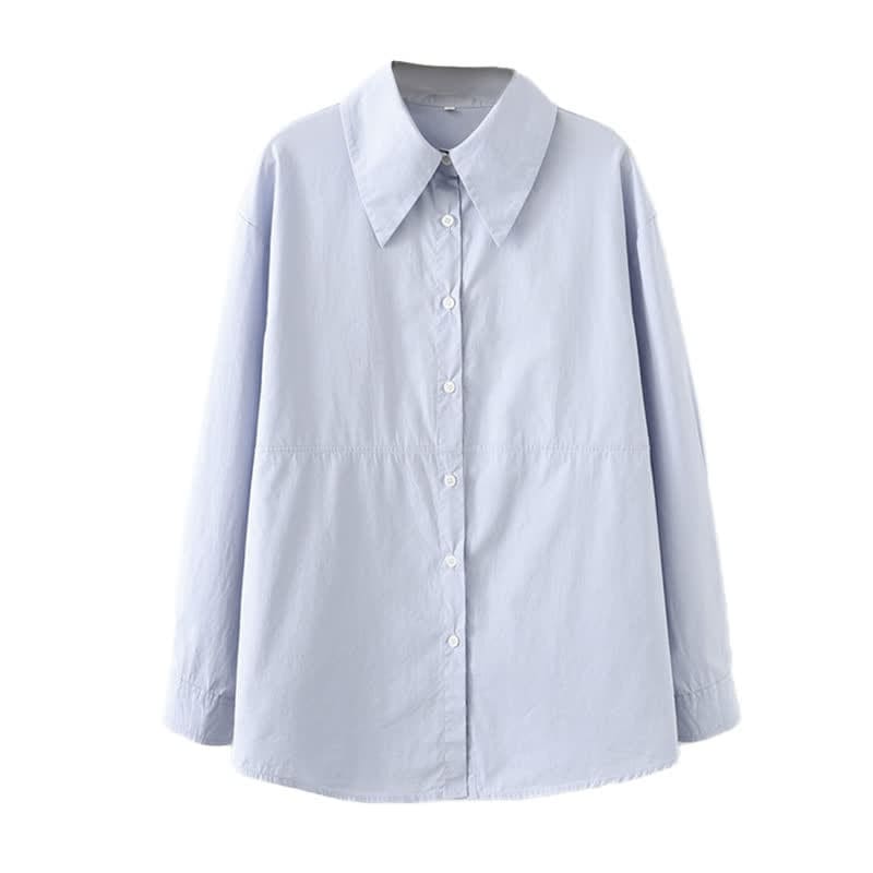 Lapel Pure Color Long Sleeve Loose Shirt Workwear - Blue / M