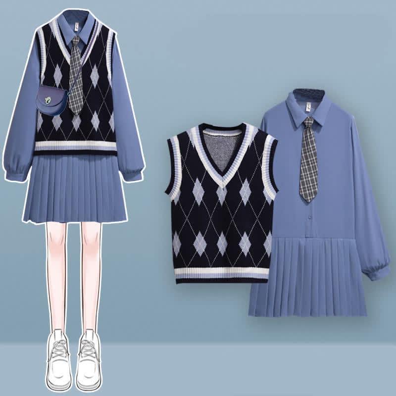 Lapel Tie Pleated Shirt Dress Rhombus Print Vest Set