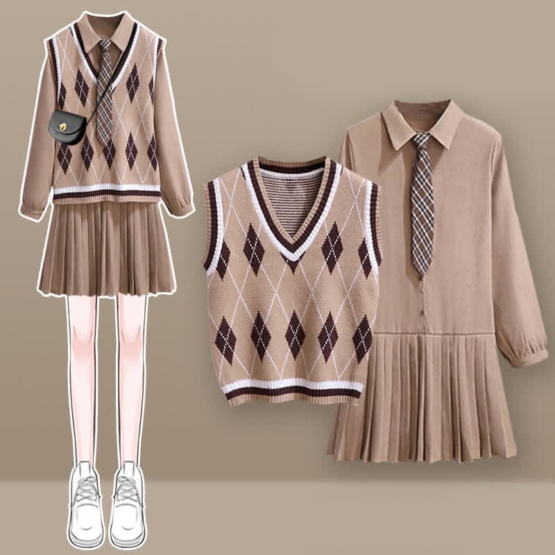 Lapel Tie Pleated Shirt Dress Rhombus Print Vest Set