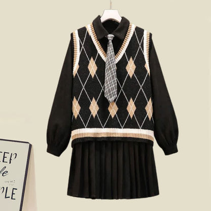 Lapel Tie Pleated Shirt Dress Rhombus Print Vest Set