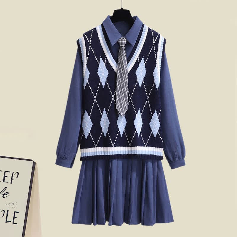 Lapel Tie Pleated Shirt Dress Rhombus Print Vest Set - Blue