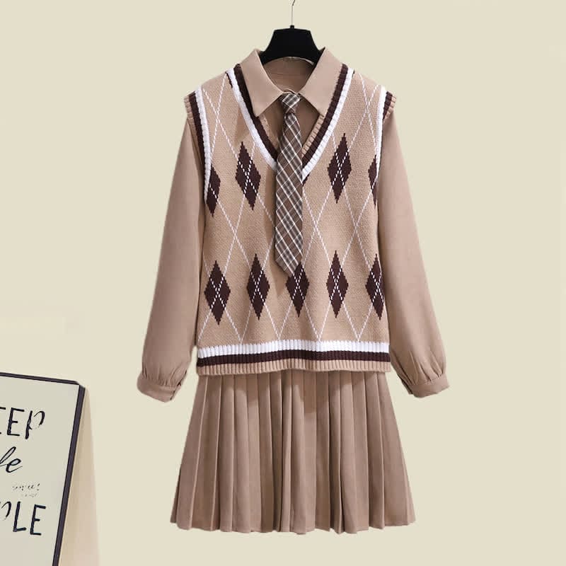 Lapel Tie Pleated Shirt Dress Rhombus Print Vest Set