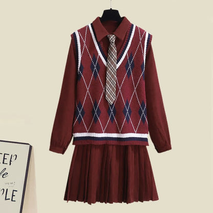 Lapel Tie Pleated Shirt Dress Rhombus Print Vest Set - Red