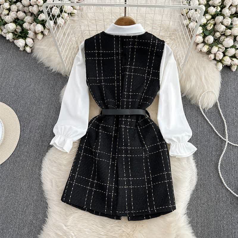 Lattice Print Belted Vest Long Sleeve Shirt Set