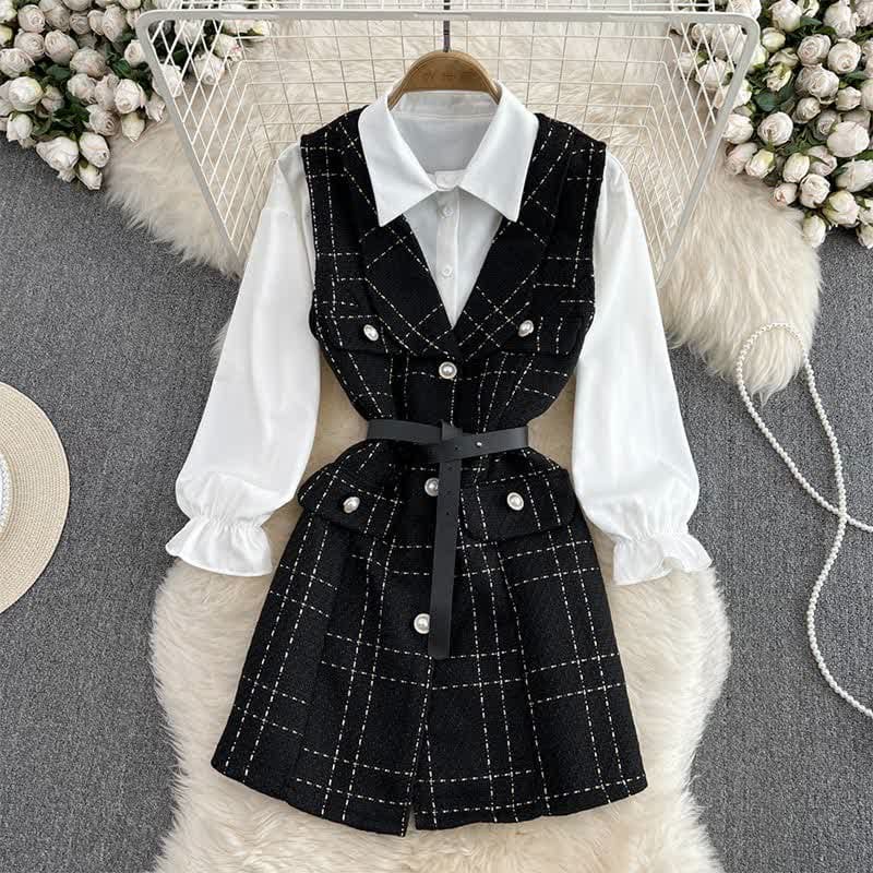 Lattice Print Belted Vest Long Sleeve Shirt Set - Black